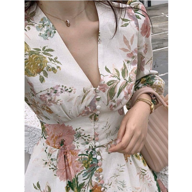 TOBE1SHOP 2023 Xuân/Hè Jumpsuit Nữ dài tay áo Hàn Quốc V cổ đèn lồng tay áo đầm in váy cao eo rộng chân quần