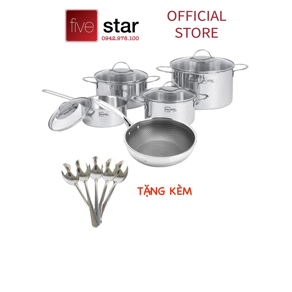 Bộ nồi và chảo chống dính tổ ong sâu lòng 3 lớp đáy liền inox 304 Fivestar Plus 5 món quai oval nắp kính , tặng 10 muỗng