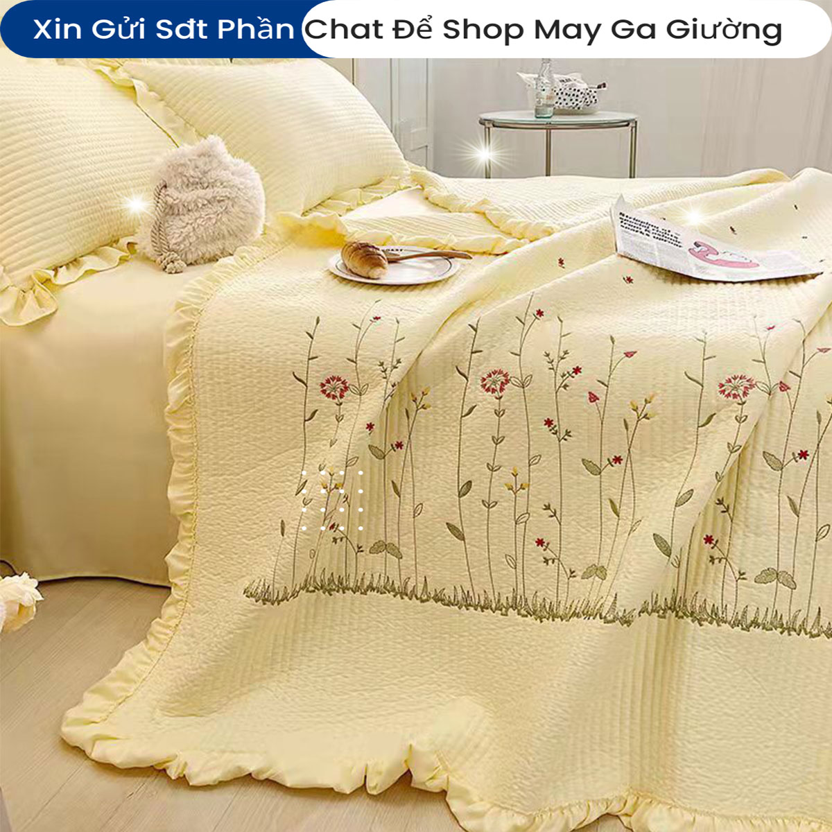 Bộ Chăn Ga Gối Đệm Cotton Solid Vitage Drap Giường Cao Cấp Bộ Ga Phủ Chăn Chần Bông