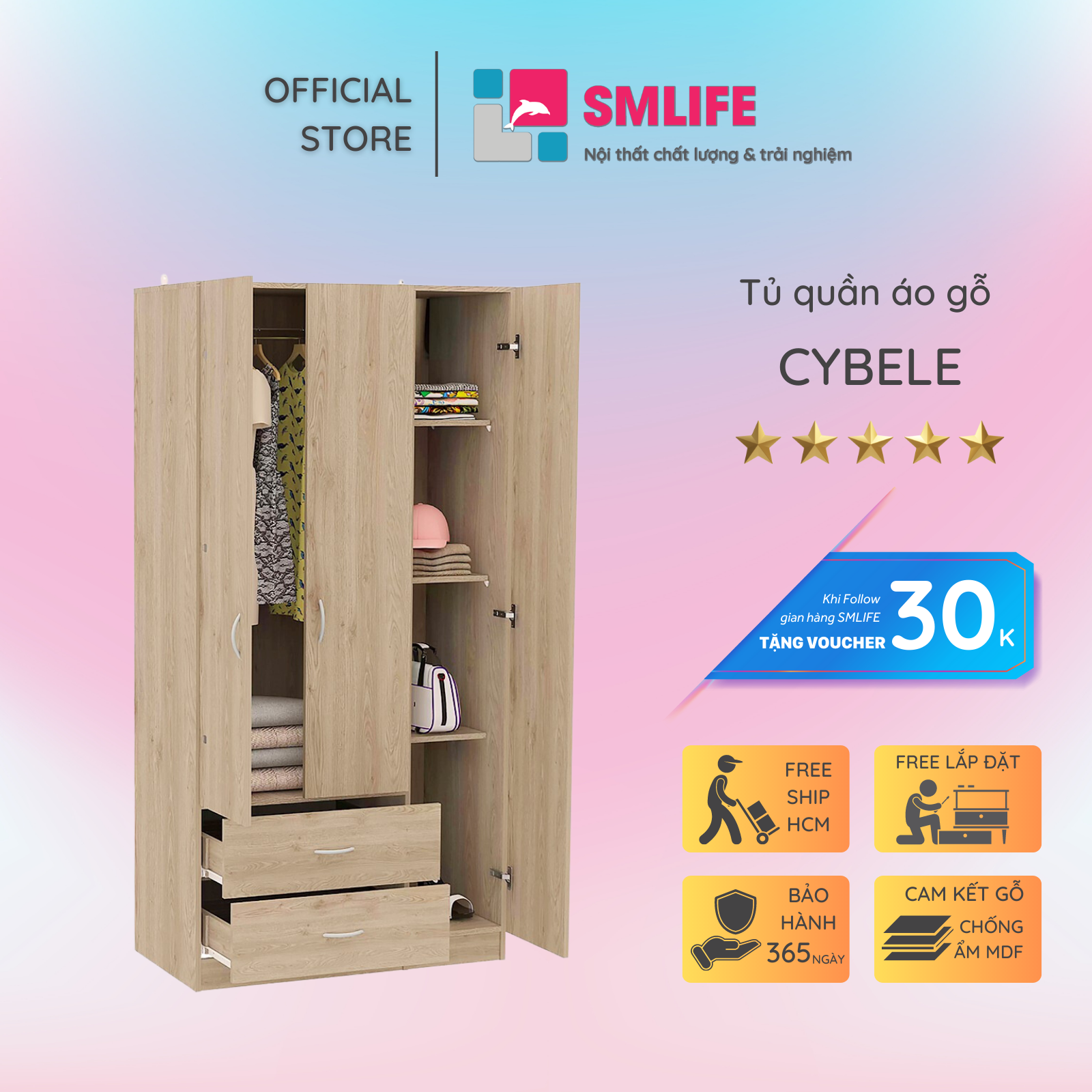 Tủ quần áo gỗ hiện đại SMLIFE Cybele  | Gỗ MDF dày 17mm chống ẩm | D90xR45xC180cm