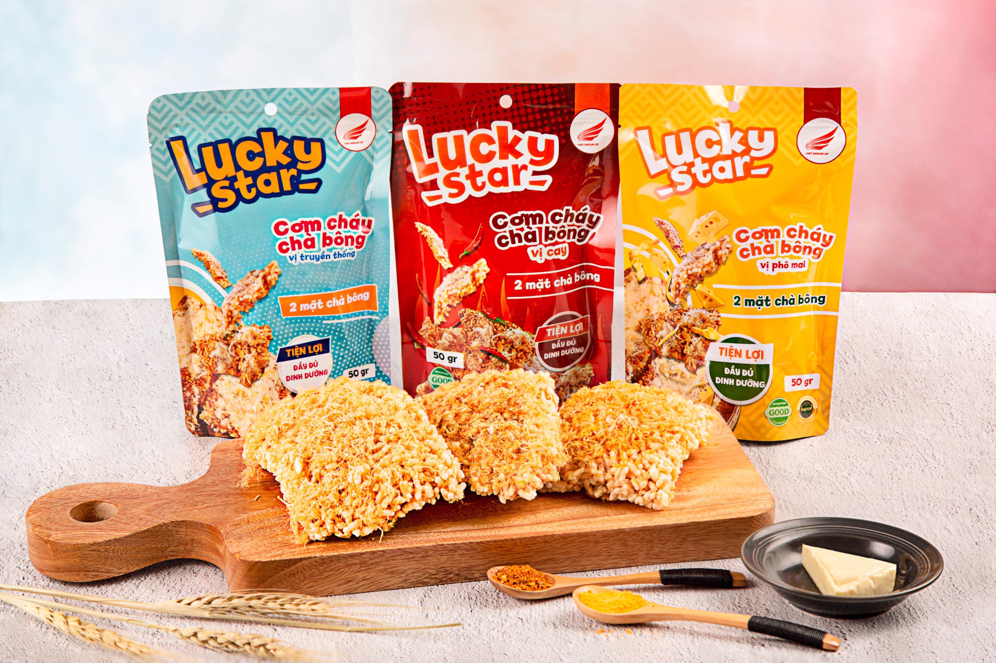 Cơm cháy chà bông vị (Truyền Thống - Cay - Phô Mai) Lucky Star 50g thơm ngon đậm vị nhiều dinh dưỡng | Đồ ăn vặt Nonglamfood