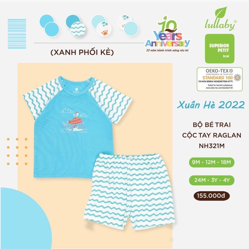 Bộ cộc tay Lullaby kẻ phối xanh 1(LULLABY - Bộ quần áo bé trai cộc tay raglan NH321M)