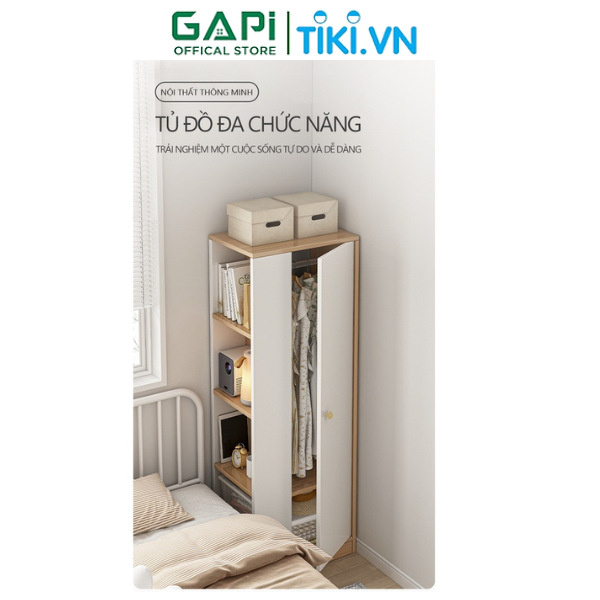 Tủ quần áo hiện đa chức năng GAPI, tủ đồ cánh mở có kệ bên chứa đồ thông minh, tiết kiệm diện tích không gian GP222