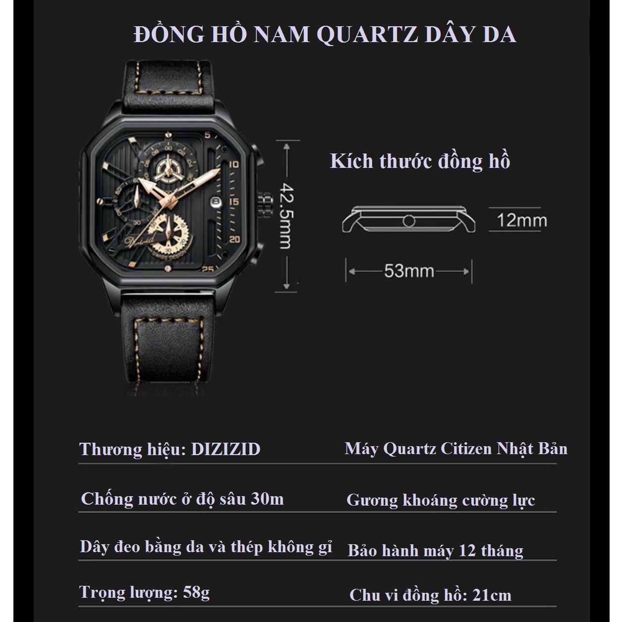 Đồng hồ nam dây da DIZIZID chính hãng mặt vuông cá tính, Chạy full 6 kim và lịch ngày, Kim dạ quang cao cấp, Chống nước cực tốt, Tặng kèm pin dự phòng DZBD79