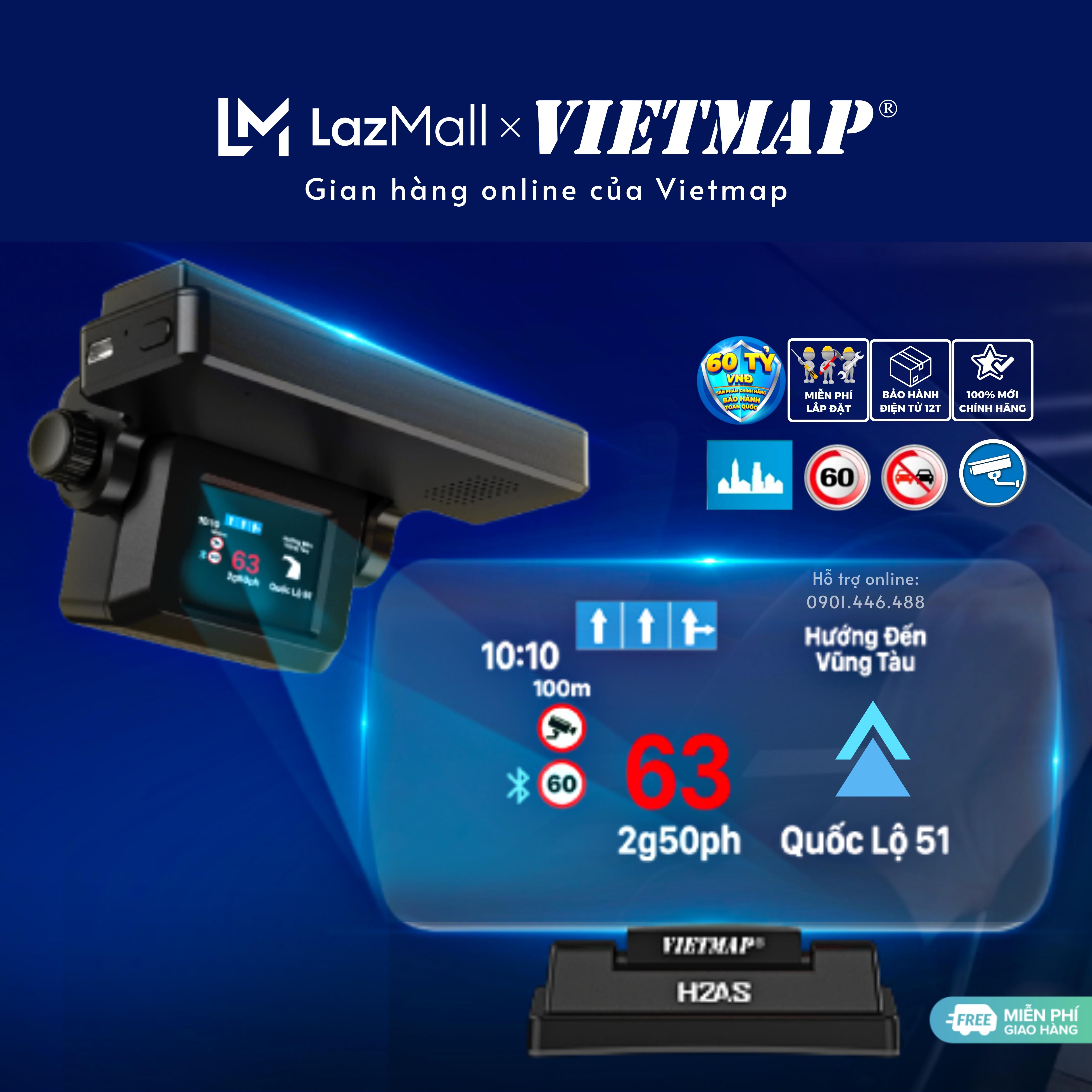 HUD Vietmap H2AS - Màn hình HUD Đo áp suất lốp - Dẫn đường - Cảnh báo tốc độ - Hiển thị cuộc gọi - Hàng chính hãng