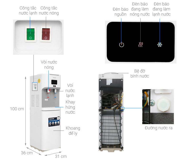 Cây nước nóng lạnh, máy nước nóng lạnh Toshiba RWF-W1664TV(W1) -  Nóng 85 - 90°C, Lạnh 6 - 8 °C - Tự ngắt điện khi quá tải - Hàng chính hãng