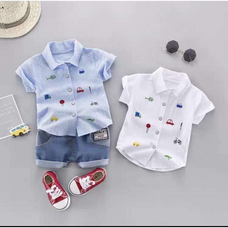 Bộ Áo Sơ Mi ô Tô Mix Quần Soocs Jeans 2 Màu Cho Bé - Nhà Cam