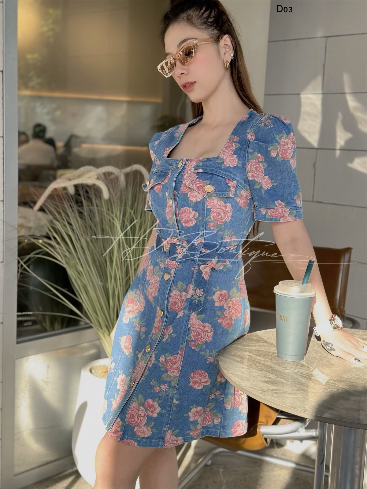 Đầm Jean Cổ Vuông Tay Phồng Kèm Belt - D03