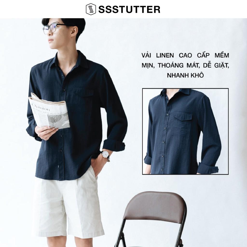 Áo sơ mi nam SSSTUTTER dài tay có túi cổ đức vải linen thoáng mát Letter Shirt