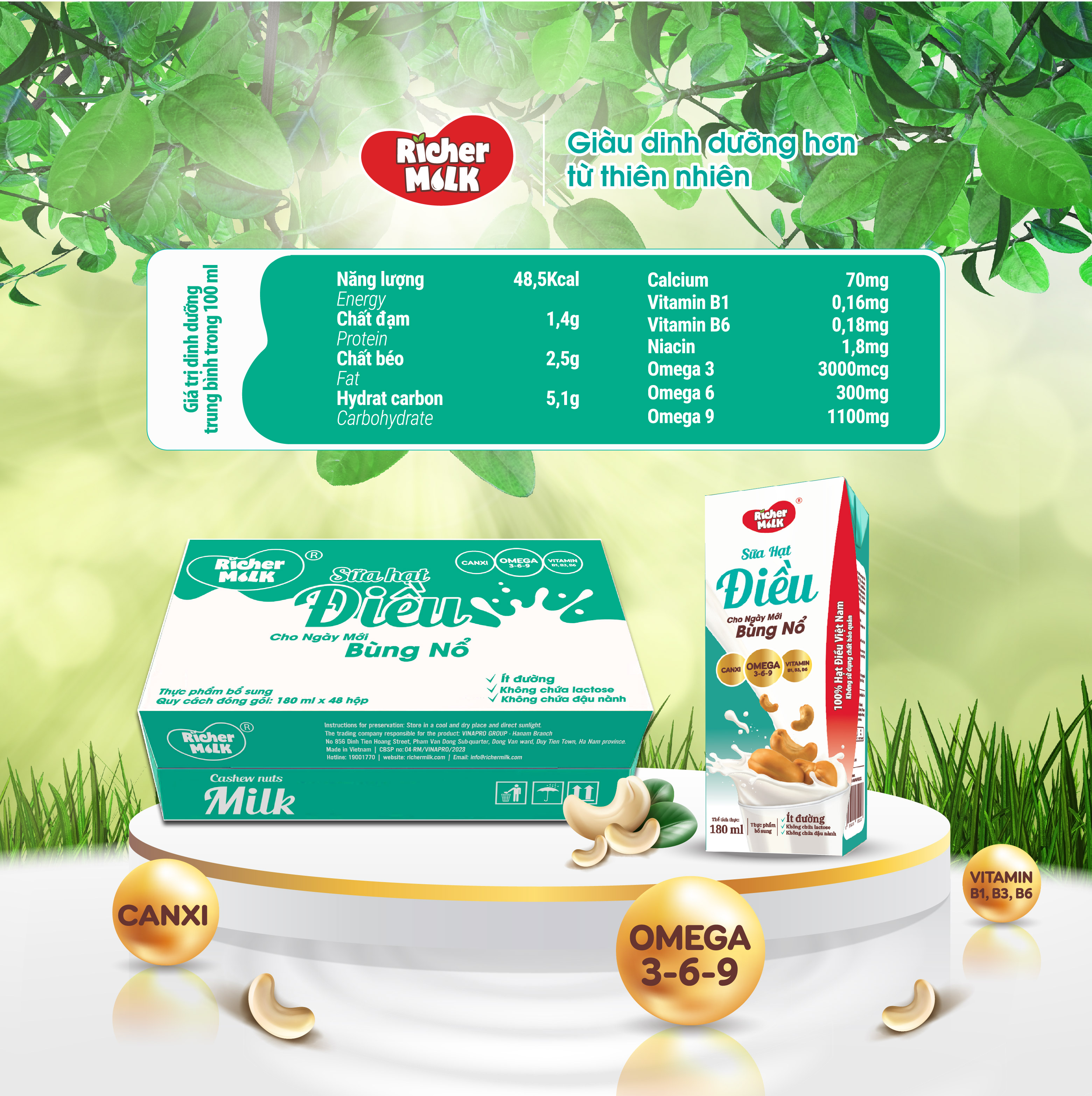 Lốc Sữa Hạt Điều Richer Milk 180ml (180ml x 4)