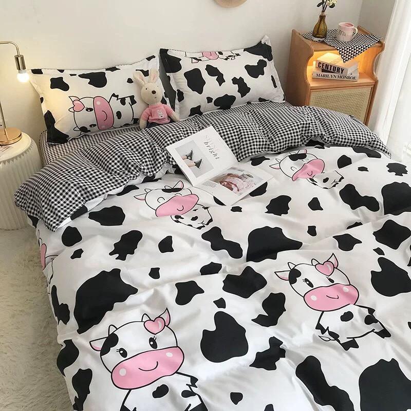 Bộ chăn ga gối Cotton poly M2T bedding Bò sữa đen, vỏ chăn mền, drap nệm và 2 vỏ gối