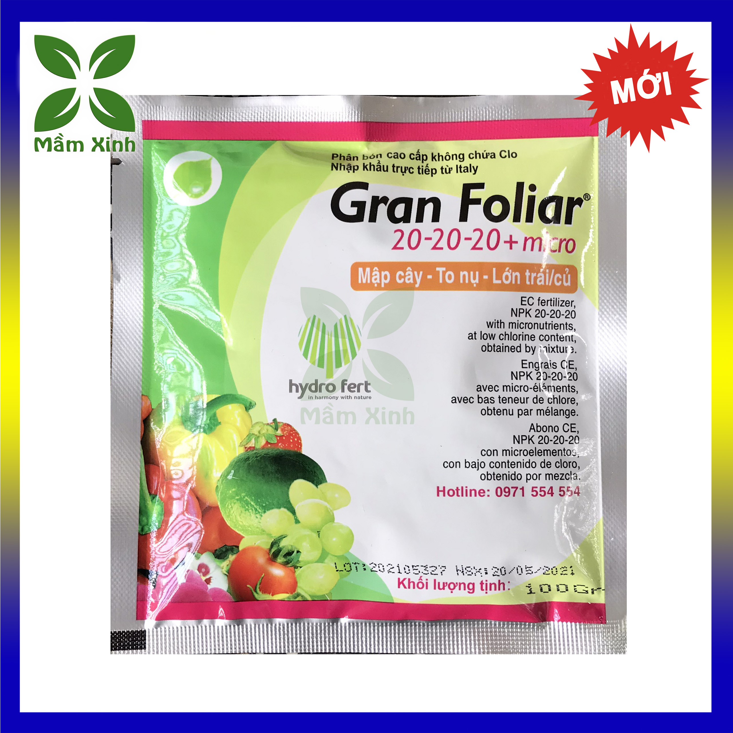 Phân Bón Lá Vi Lượng NPK 20-20-20 Gran Foliar Nhập Khẩu Ý Gói 100g, Phân Bón Lá Siêu Vọt Đọt, Mập Đọt, Xanh Lá, Dày Lá