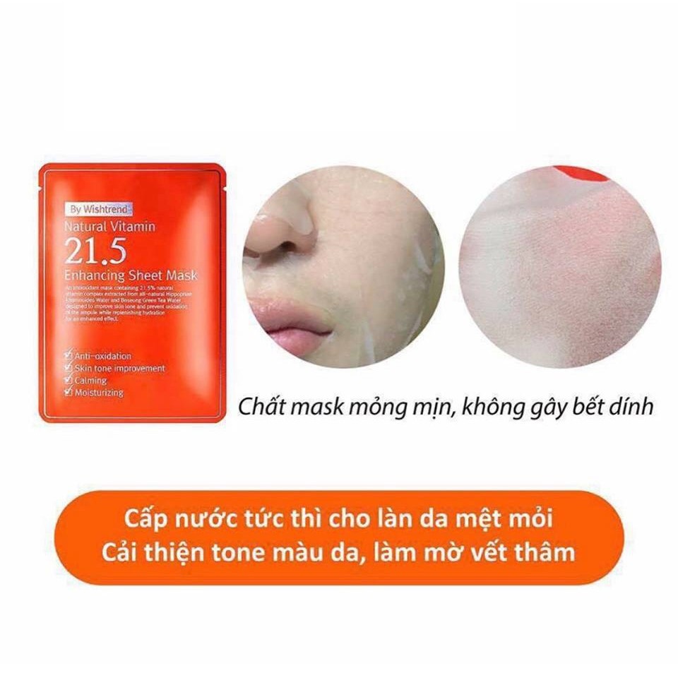 Combo 10 Mặt nạ giấy trắng da mờ thâm By Wishtrend Natural Vitamin C 21.5 Enhancing Sheet Mask 23ml x10