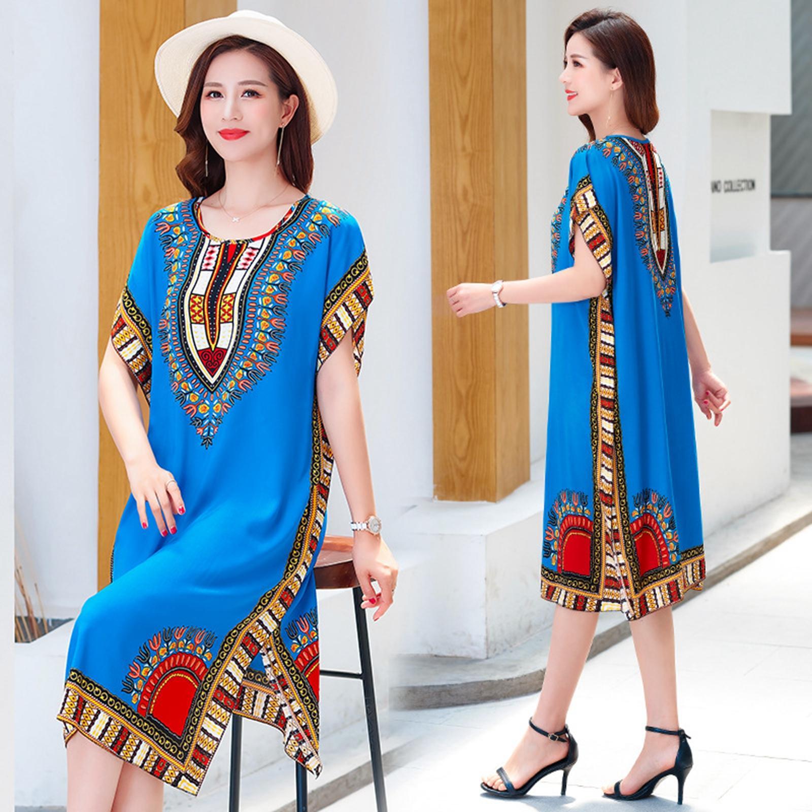 Women's Fashion Beach Holiday Dress Boho Elegant Ethnic Dress Loose Tunic Blue