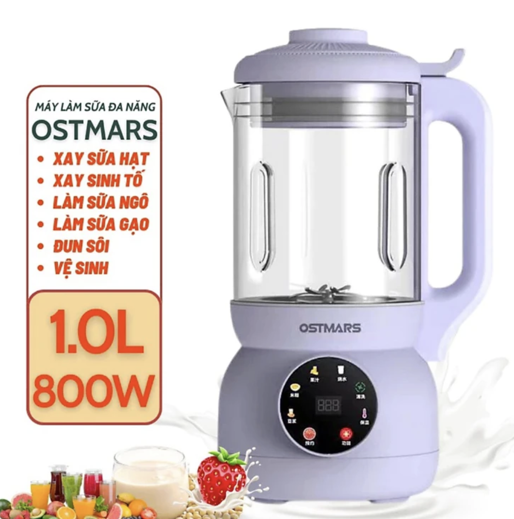 Máy làm sữa hạt Ostmars Tím - Cối thủy tinh chịu lực, lưỡi dao Inox 304, điều khiển cảm ứng, nấu tự động đa dạng