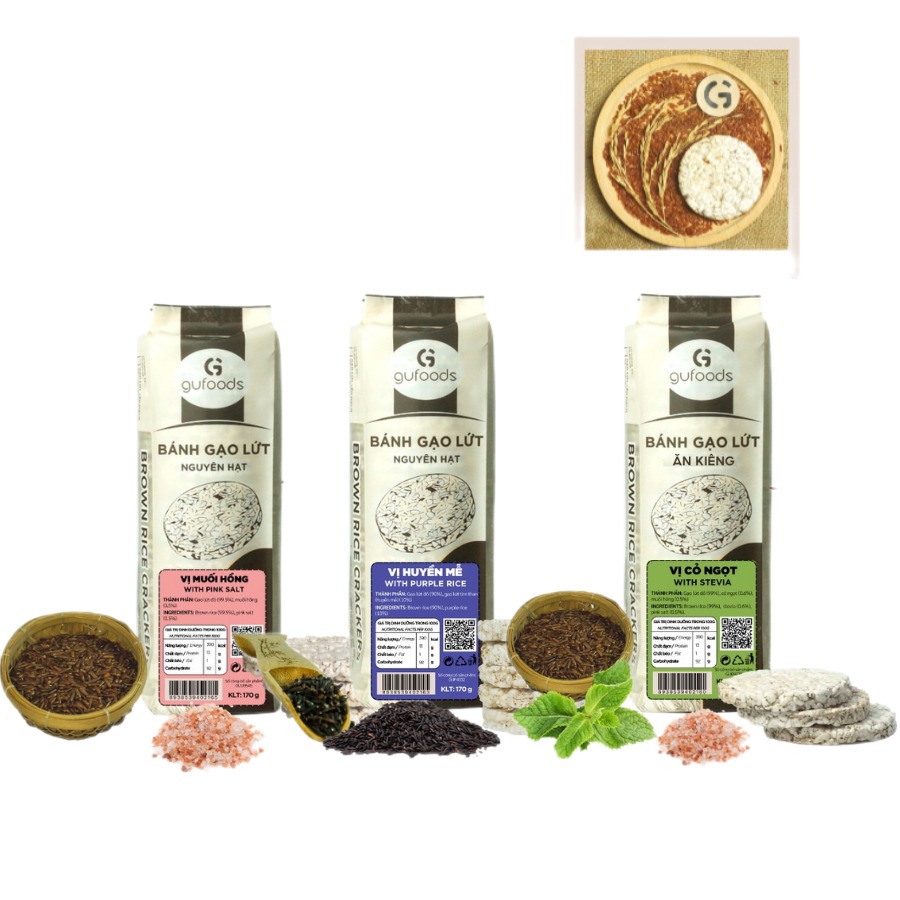 Combo 3 Gói Mix Vị Huyền Mễ, Cỏ Ngọt, Superfoods, Muối Hồng, Bánh Gạo Lứt Ăn Kiêng GUfoods 170g - Tốt Người Giảm Cân, Ăn Kiêng, Ăn Vặt Healthy, Tập Gym, Ăn Chay