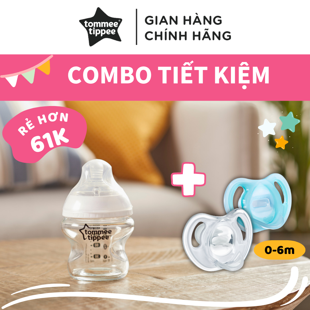 COMBO Ty ngậm silicon siêu nhẹ Tommee Tippee Ultra Light 0-6m &amp; Bình sữa thủy tinh Tommee Tippee Close to Nature 150ml