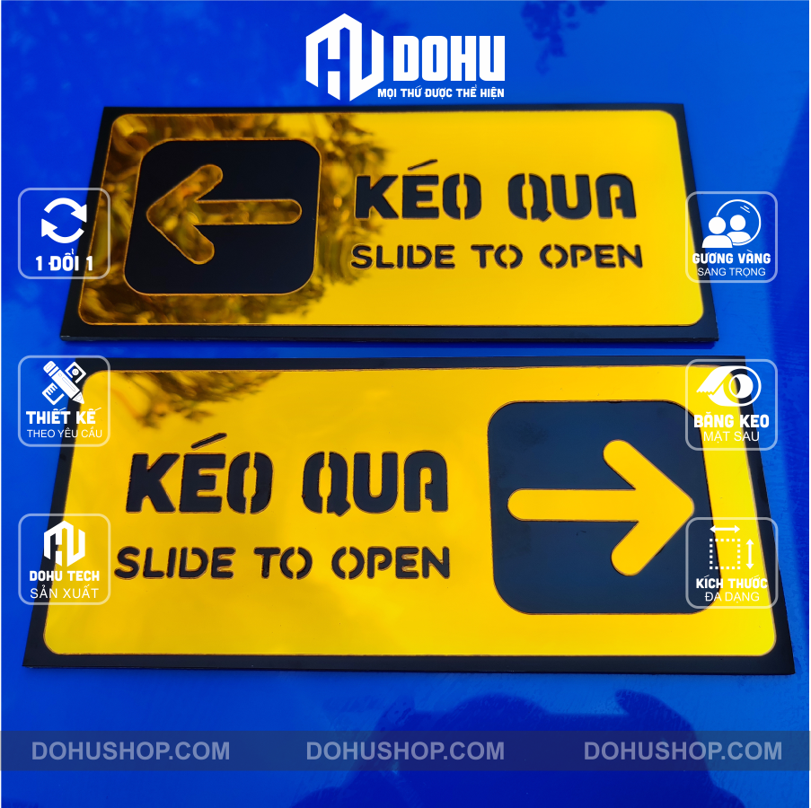 Bảng Gương Vàng Chỉ Dẫn Mở Cửa Kéo Qua - Song Ngữ - Có sẵn keo dán phía sau