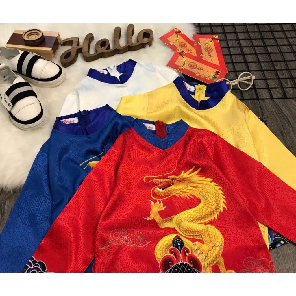 Áo dài tết cho bé trai mẫu rồng vàng mặc lễ tết noel dự tiệc đẹp từ 10-40kg hàng thiết kế cao cấp