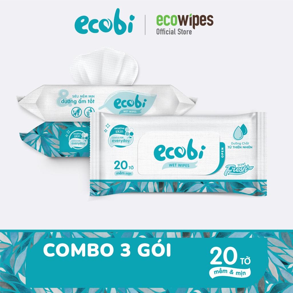 Combo 03 gói khăn ướt Ecobi gói 20 tờ không mùi không cồn không paraben an toàn cho da của bé