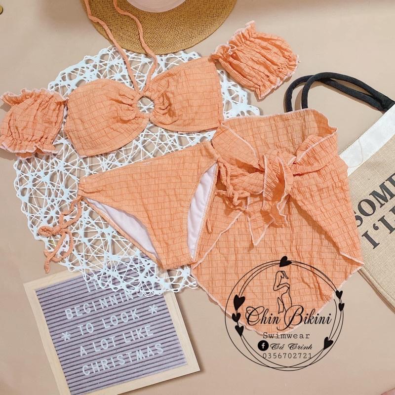 Set bikini 3 món đi biển trễ vai bèo màu pastel xịn xò