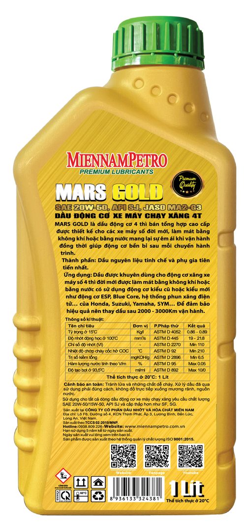Dầu Nhớt MiennamPetro Mars Gold Motor Oil 4T 20W-50 API SJ JASO MA2 1L Bảo Vệ Động Cơ Xe Máy 4 Thì Cao Cấp