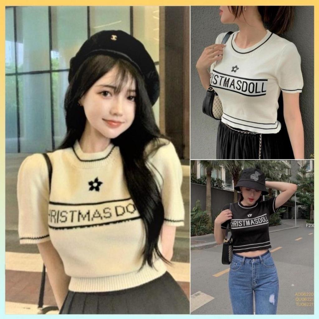 Áo len nữ Montoghi dệt kim Quảng Châu THÊU HOA in chữ cổ tròn dáng vừa xinh xắn