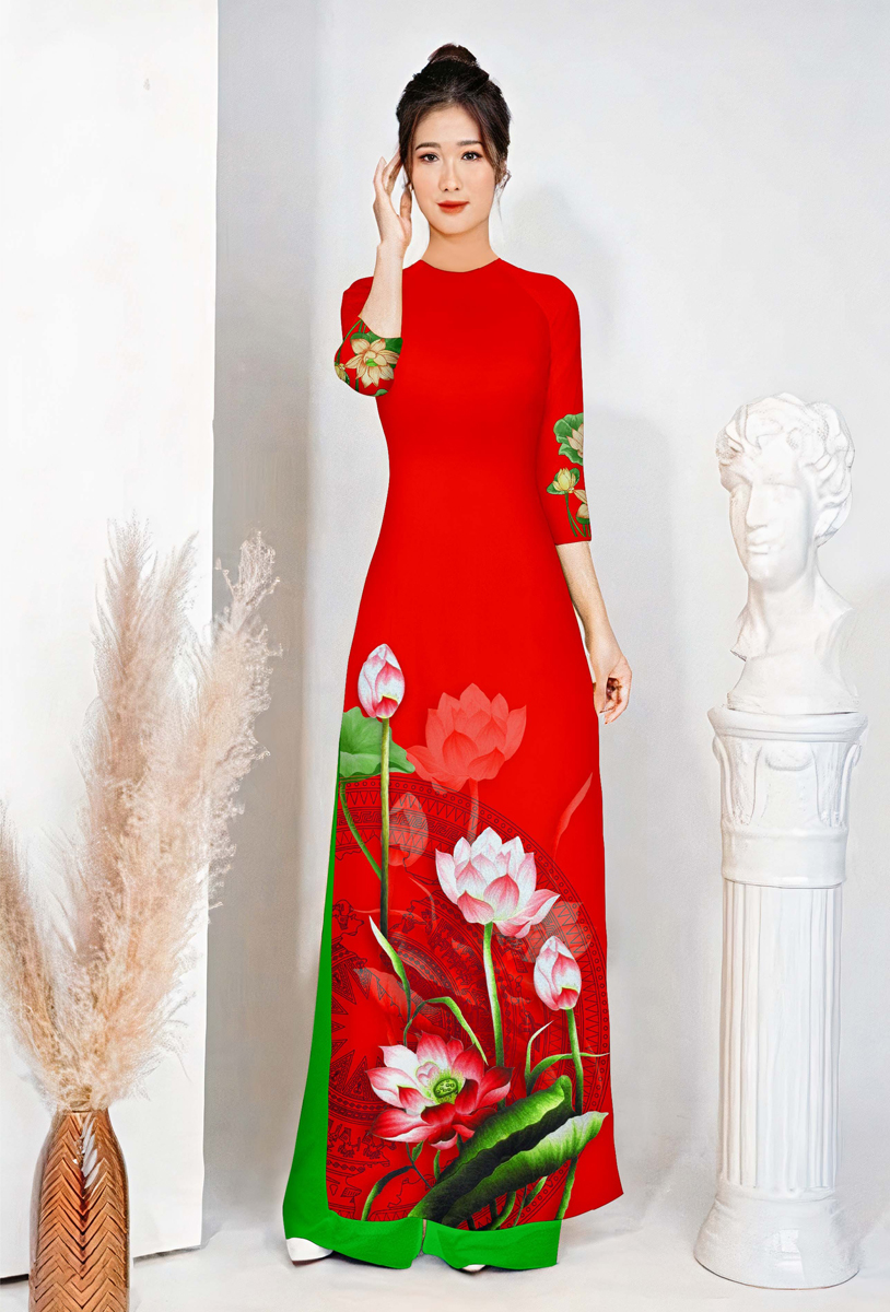 Áo dài in 3D họa tiết hoa sen  AD09 - Lady Fashion