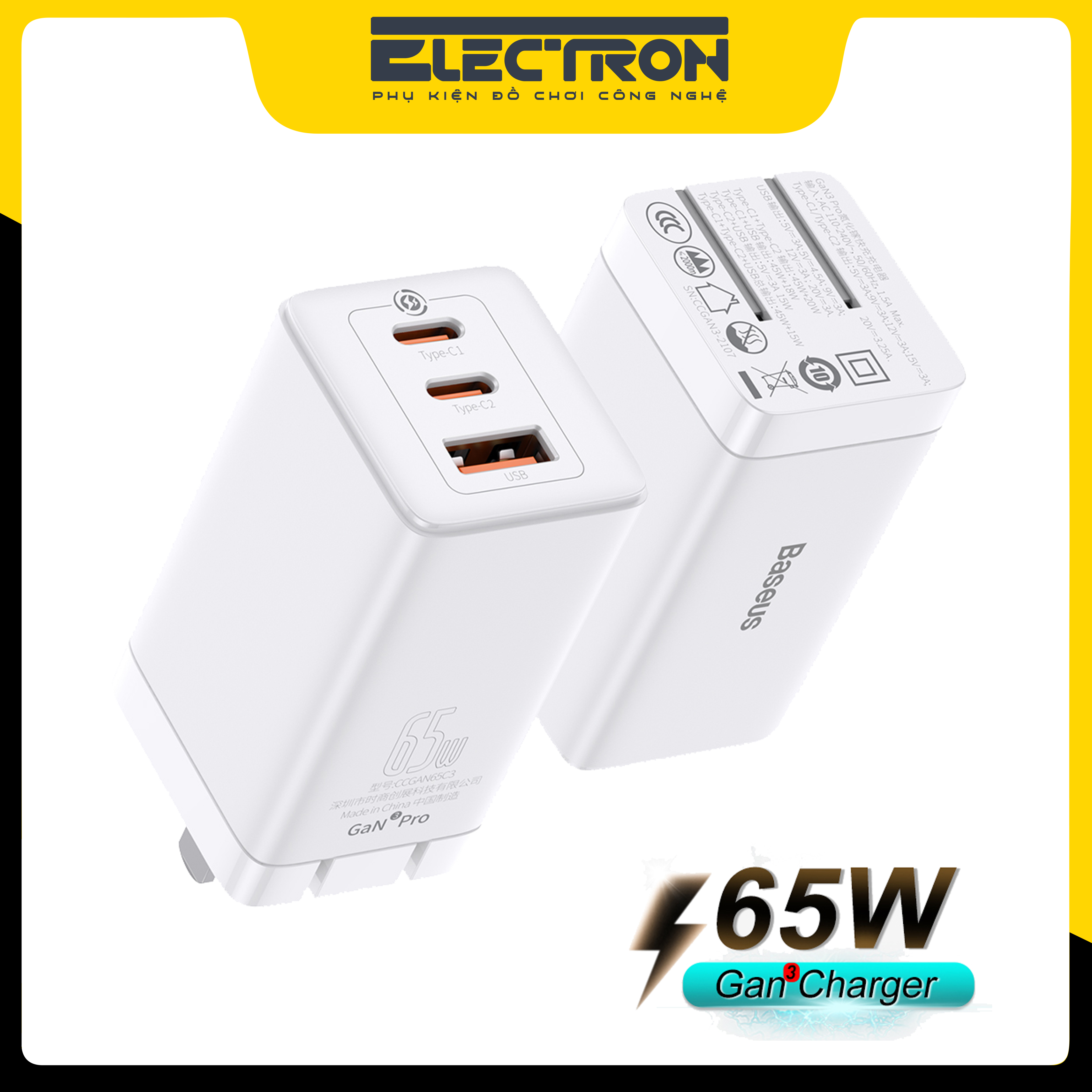 Củ Sạc Baseus GaN2 Pro Charging Charger C+C+A 65W Charging Set - Hàng Chính Hãng