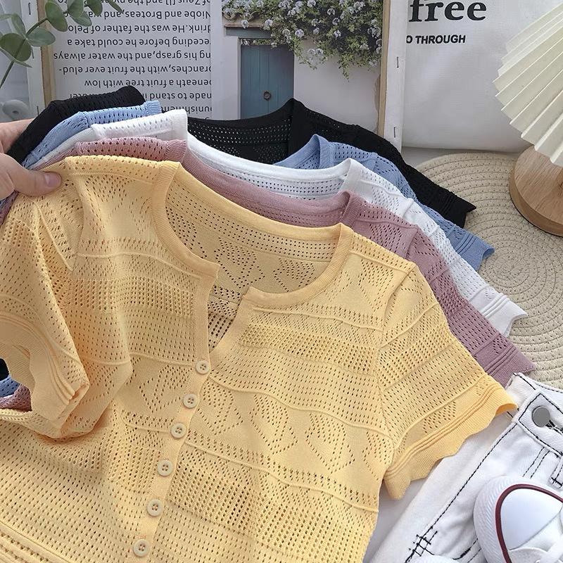 Áo len mongtoghi nữ croptop tay ngắn dệt kim họa tiết kiểu cổ V thời trang phong cách hàng Quảng Châu cao cấp