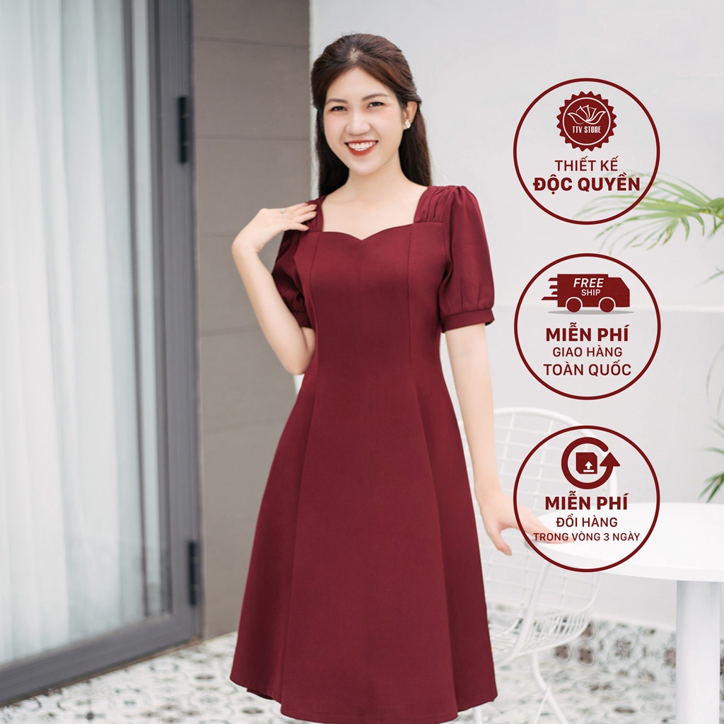 Đầm công sở form xòe dự tiệc thiết kế cổ vuông tay bo màu đỏ mận - TTV677 TTV Store