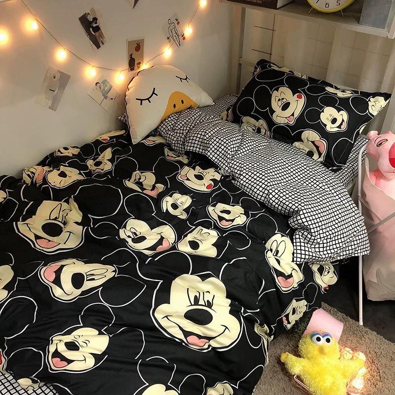Bộ chăn ga Cotton Poly chuột micky đen - mẫu mới phong cách Hàn Quốc