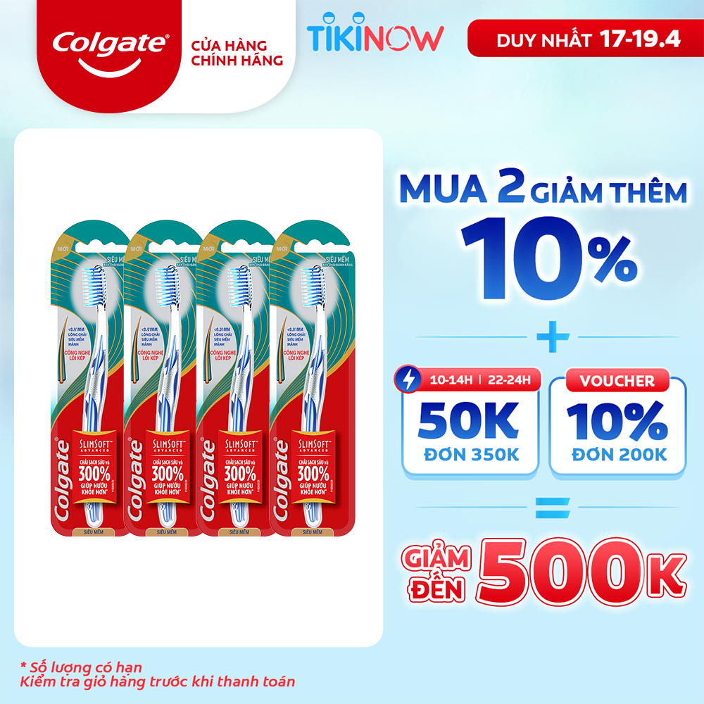 Bộ 4 bàn chải đánh răng Colgate Slimsoft Advanced lõi kép siêu mềm mảnh (Màu ngẫu nhiên)