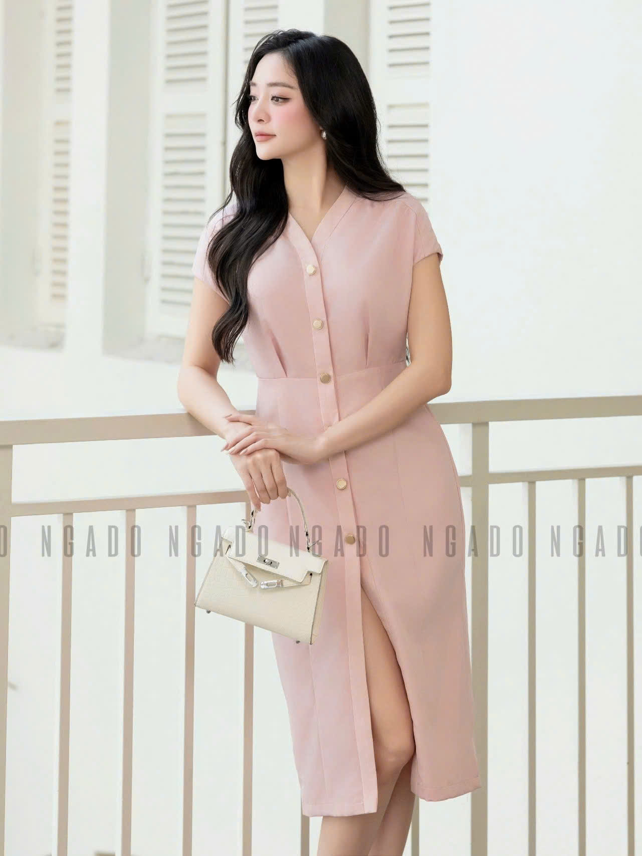 Đầm hồng nhạt cổ tim NGADO , đầm dự tiệc , đầm công sở