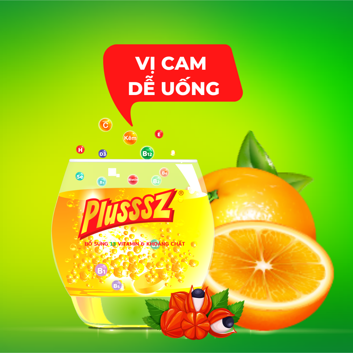 Viên sủi Plusssz Performance vị cam không đường cung cấp 13 vitamin và khoáng chất, bổ sung cafein từ Guarana hỗ trợ tăng cường sức đề kháng