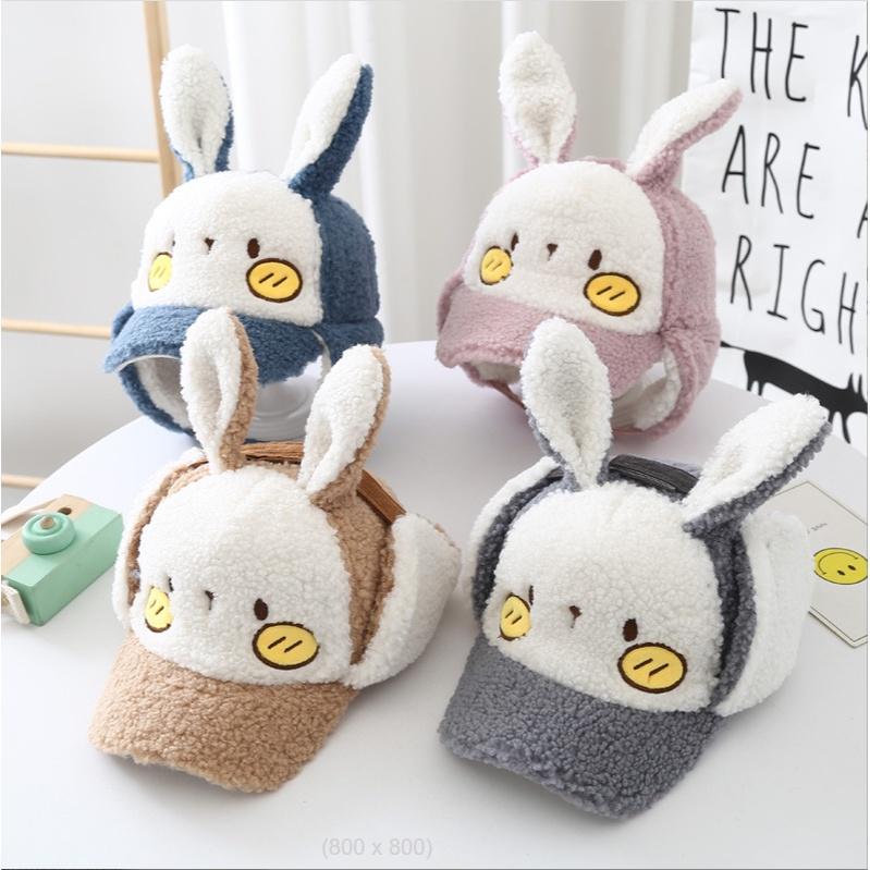 Mũ len lưỡi trai trẻ em lông cừu có bịt tai cho bé 1-4 tuổi - tai thỏ