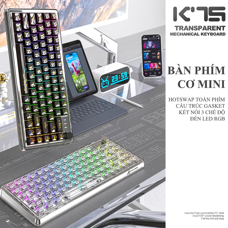 Bàn phím cơ ATTACK SHARK K75RGB thiết kế mini 81 phím hotswap có nút vặn đa phương tiện kèm theo 18 chế độ led RGB - Hàng Chính Hãng