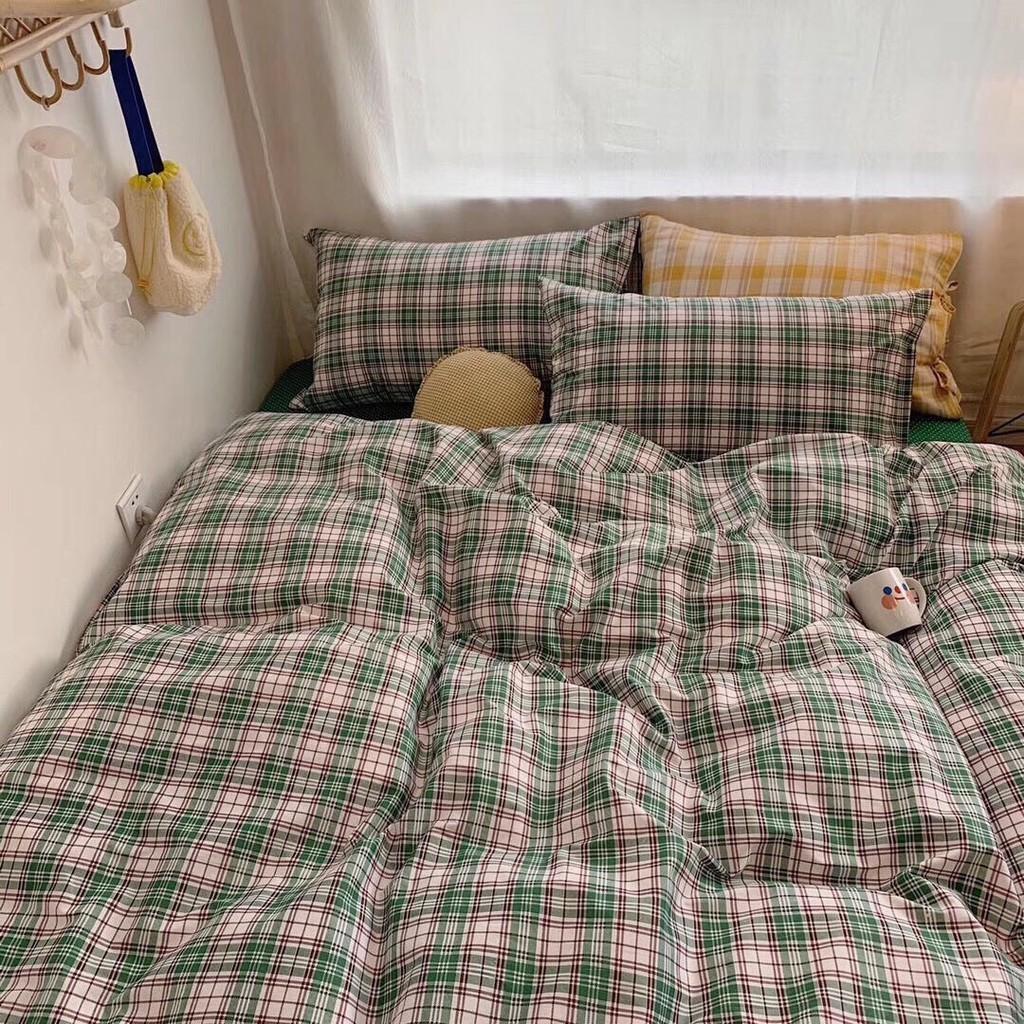 Bộ chăn ga Cotton Poly M2T BEDDIND phong cách Hàn Quốc - PL kẻ xanh lá
