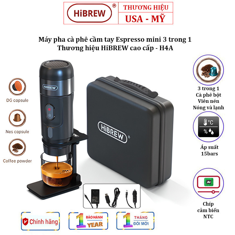 Máy pha cà phê cầm tay Espresso mini 3 trong 1, thương hiệu Mỹ HiBREW cao cấp H4A - HÀNG CHÍNH HÃNG