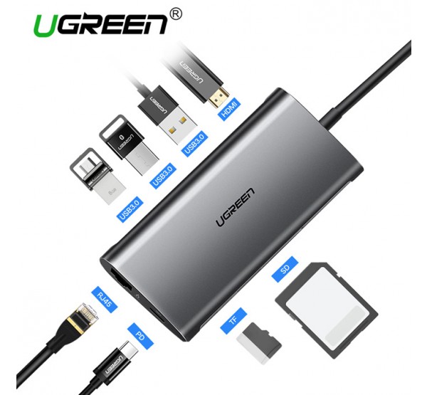 Cáp USB type-C to HDMI/Hub USB 3.0/SD/TF/Lan Gigabit chính hãng Ugreen 50538 cao cấp - Hàng chính hãng