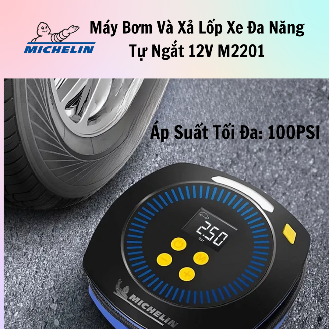 Máy Bơm Và Xả Lốp Xe Đa Năng Tự Ngắt 12V Michelin M2201 - Hàng Chính Hãng - Có Đèn Led Lớn, Cài Đặt Sẵn Chế Độ, Dễ Thao Tác Sử Dụng, Gọn Nhẹ