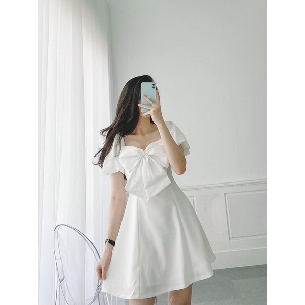 Đầm Dáng Xòe Thiết Kế Nơ Ngực Tay Phồng Chất Vải Cotton Thái Dày Dặn Có Lót Trong Hanaki HNK333