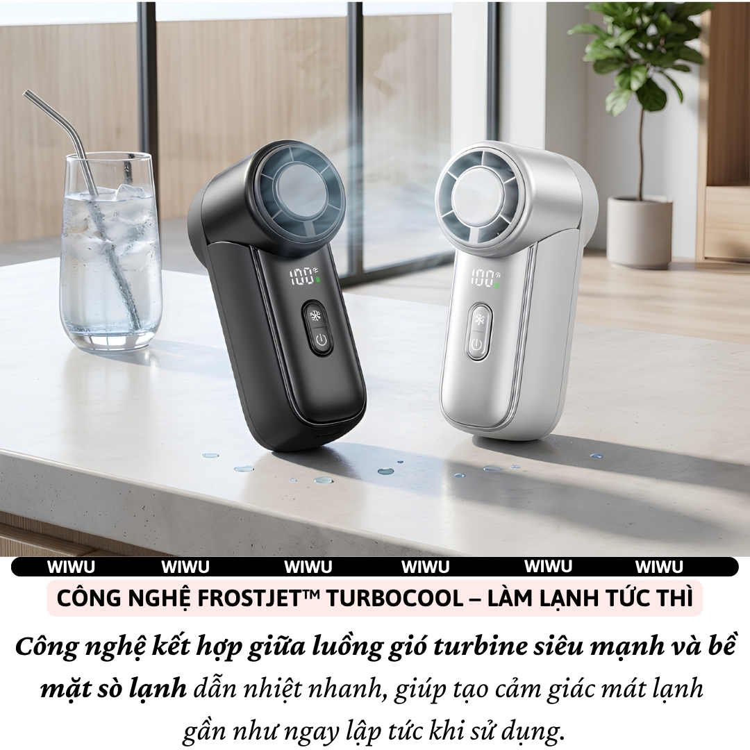Quạt Cầm Tay Sò Lạnh TurboForce siêu tốc 5 Cấp Độ Gió, Peltier Làm Mát, Pin 3000mAh, Màn Hình LED WIWU FS-018 Pin sạc - Làm mát tức thì – Gió siêu mạnh – Nhỏ gọn tiện mang theo - Hàng nhập khẩu
