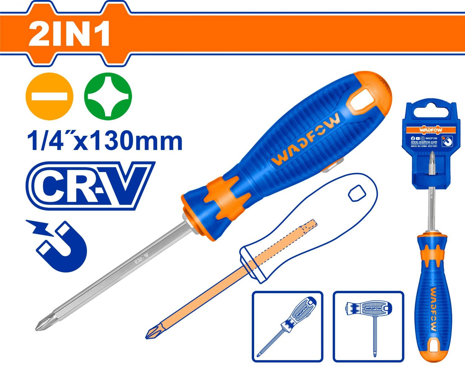 [CHÍNH HÃNG] Tua vít 2 ĐẦU dẹp &amp; bake 1/4&quot;x130mm 2 trong 1 WADFOW WSS45M3