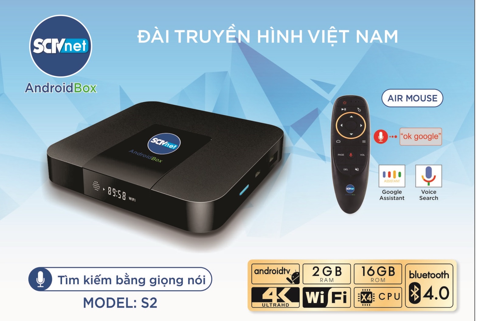 SCTV Android Box Cao cấp S2 2020 đỉnh cao công nghệ ( HĐH Android TV 9, Điều khiển giọng nói 1 chạm, chuột bay , Kết nối Bluetooth không dây, Hình ảnh 4K, Cổng âm thanh quang Optical ) - Tặng gói giải trí bản quyền Family - Hàng chính hãng