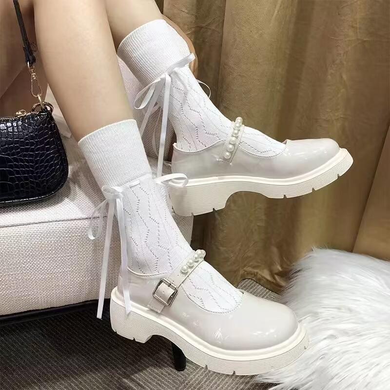 Tất, vớ cao cổ chất dệt kim GÂN TĂM BUỘC DÂY, họa tiết ziczac, phong cách Lolita NhậtBản cá tính, thấm hút mồ hôi tốt cho Nữ Women Trắng