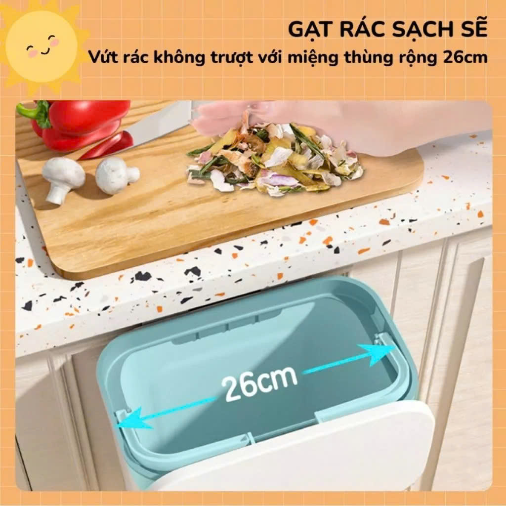 Thùng rác treo tủ bếp có nắp đậy thông minh, thùng rác treo tường dán tường, có thanh trượt cửa bếp