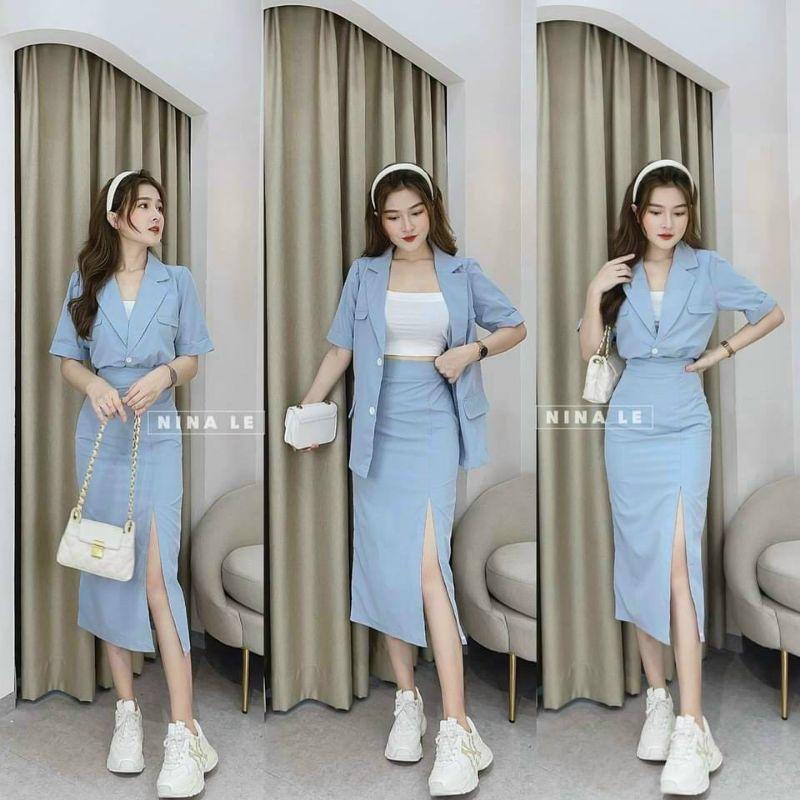 BIGSIZE Set vest 3 món chân váy xẻ đùi