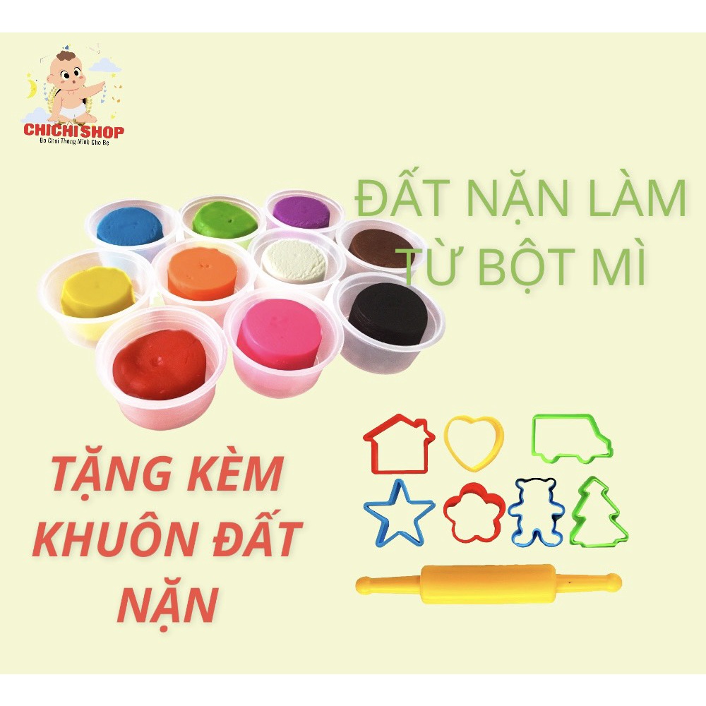 (Tặng Kèm Khuôn Đất Nặn Tạo Hình) - Bộ 10 Hộp Màu Đất Nặn Làm Từ 100% Bột Mì Màu Sắc, An Toàn Cho Bé Vận Động Linh Hoạt, Nhào Nặn