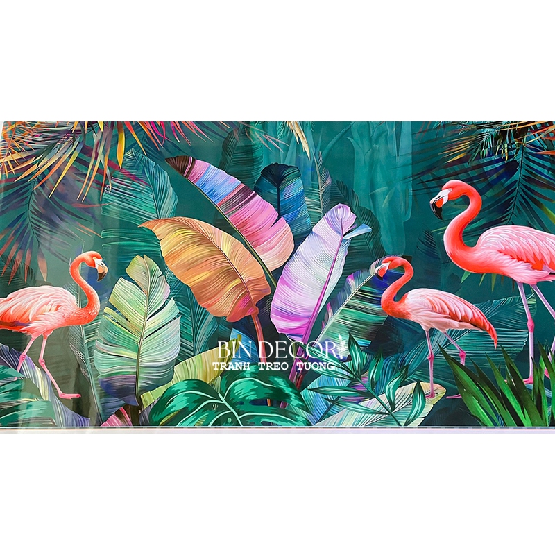 (ẢNH THẬT) Tranh dán tường 3d khu rừng lá nhiệt đới tropical và chim hồng hạc có sẵn keo, dễ dán